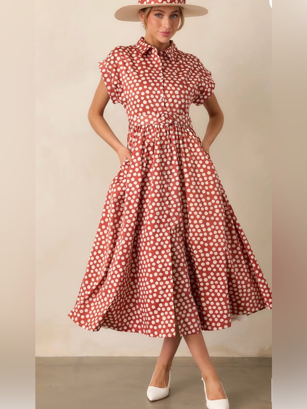 NWT PROSPERINA JOCELYN BRICK RED POLKA DOT COTTON MAXI DRESS Size Medium